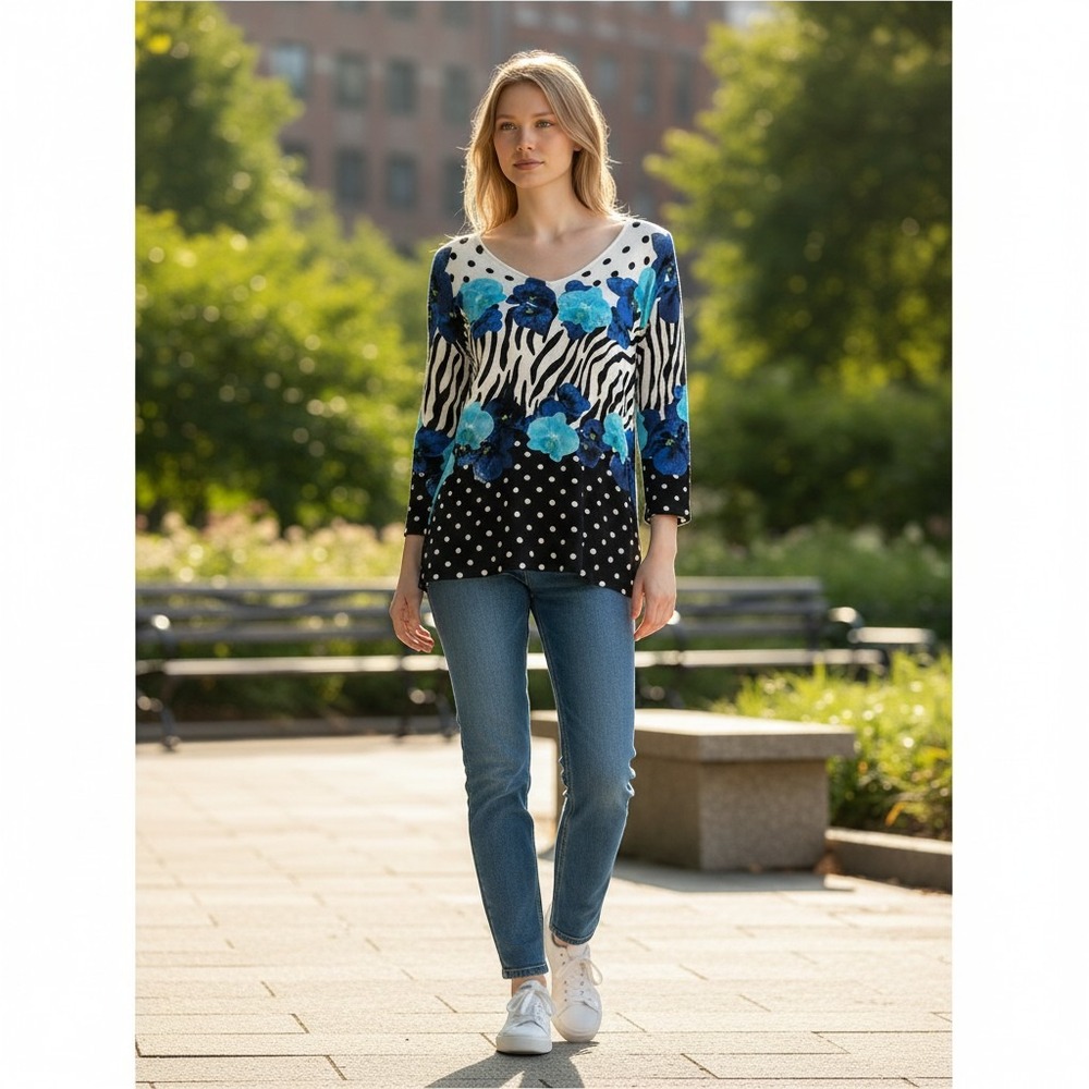 Peck & Peck Blue Floral Zebra & Polka Dot V-Neck Top